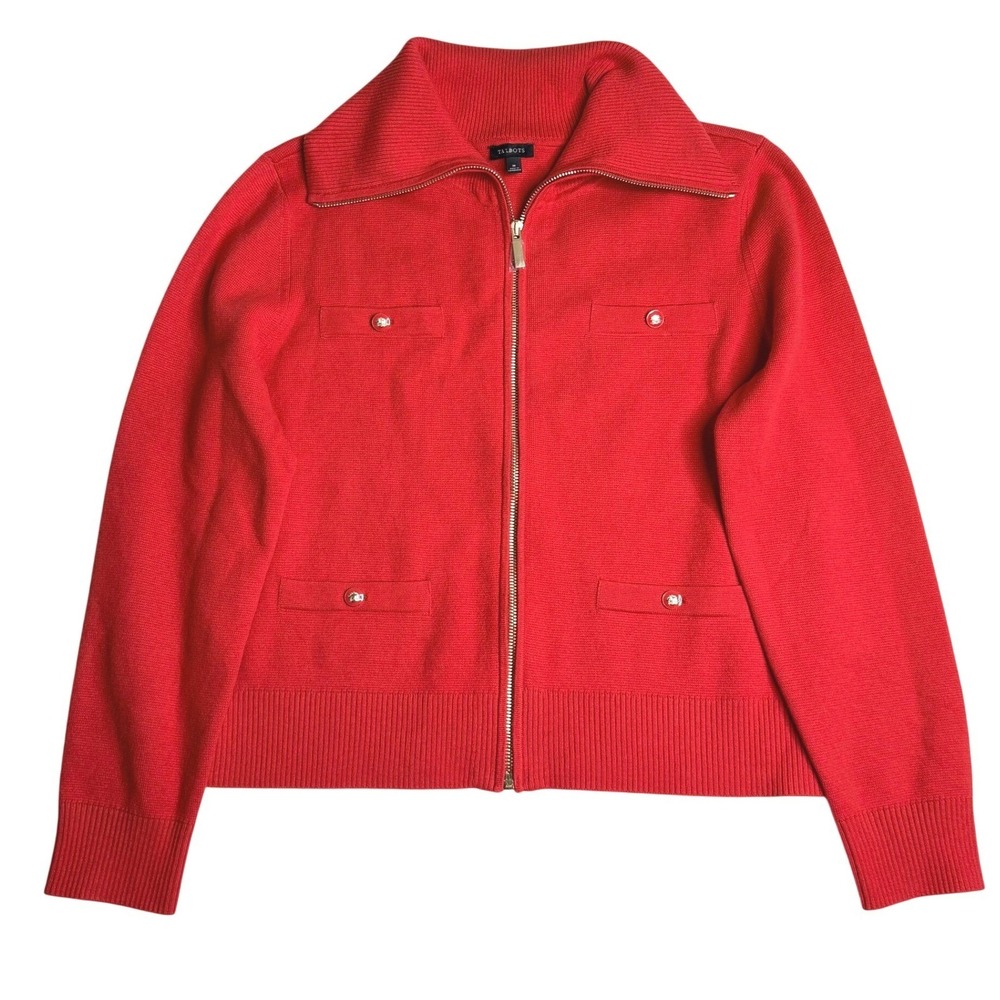 Talbots Full Zip Mok Front Cardigan Knit Jacket Sweater Red Women's‎ Sz Medium